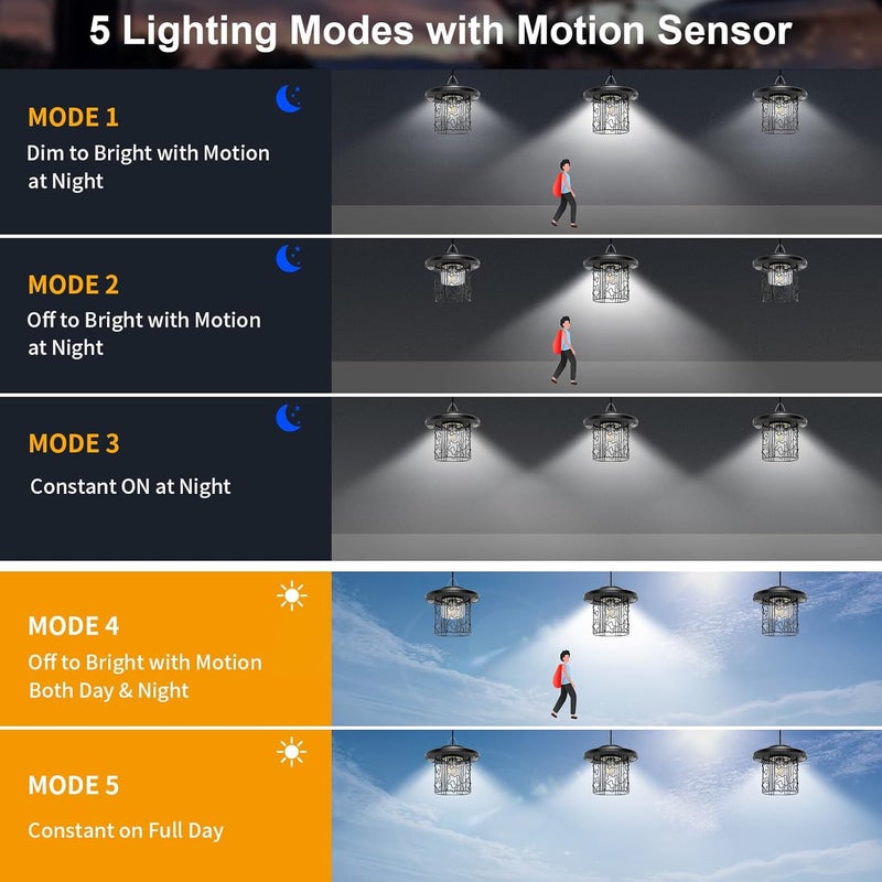 AEQ Solar Shed Light Outdoor Indoor, Solar Gazebo Lights 3000LM Daytime Available with 5 Modes/3 Color Temps/Dual Motion Sensor, Hanging Pendant Lights for Gazebo Barn Garage - Image 3
